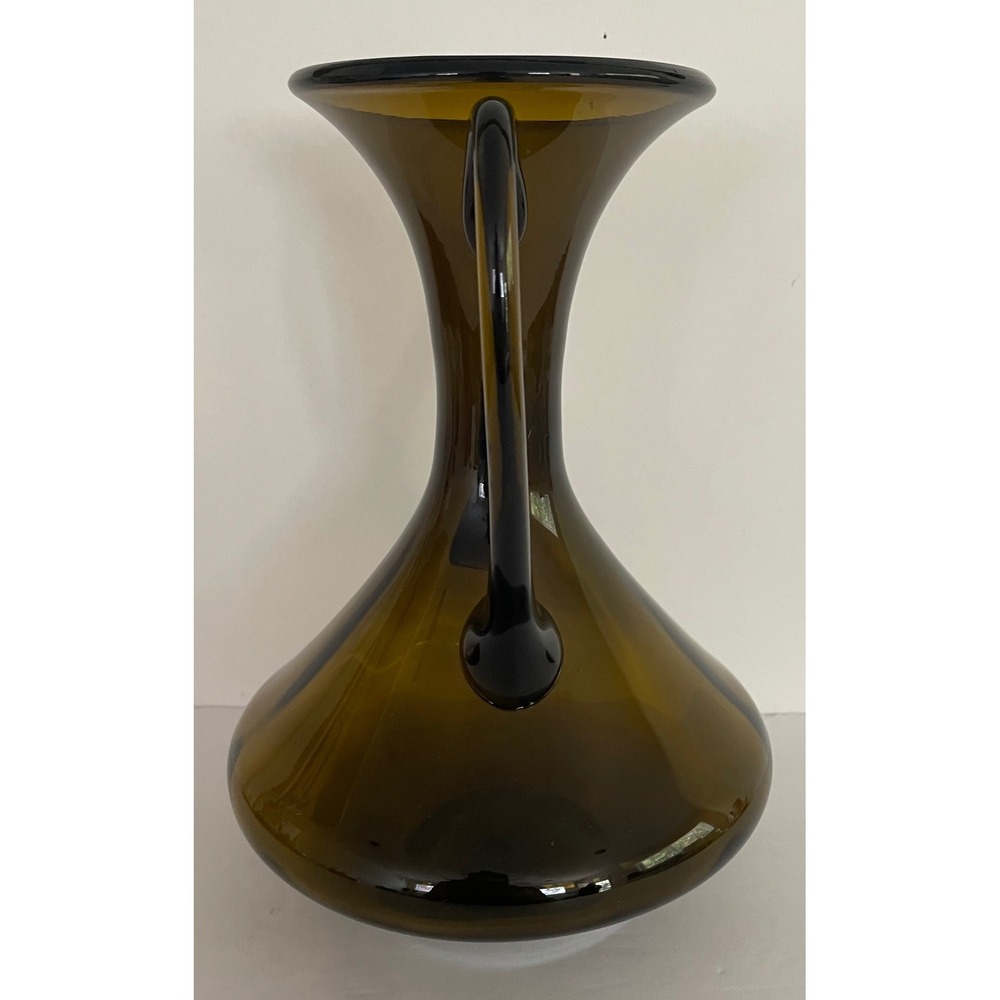 Vtg Mid Century Modern Empoli Glass Double Handle Hand Blown Olive Brown 10.5"" - Picture 3 of 14